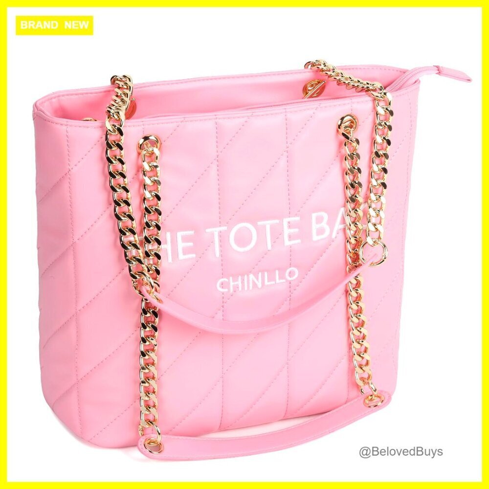 Large PU Leather Tote Bag with Zipper Compartments and Chain Strap